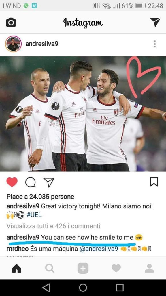 andre silva calhanoglu instagram milan 2017 09 15