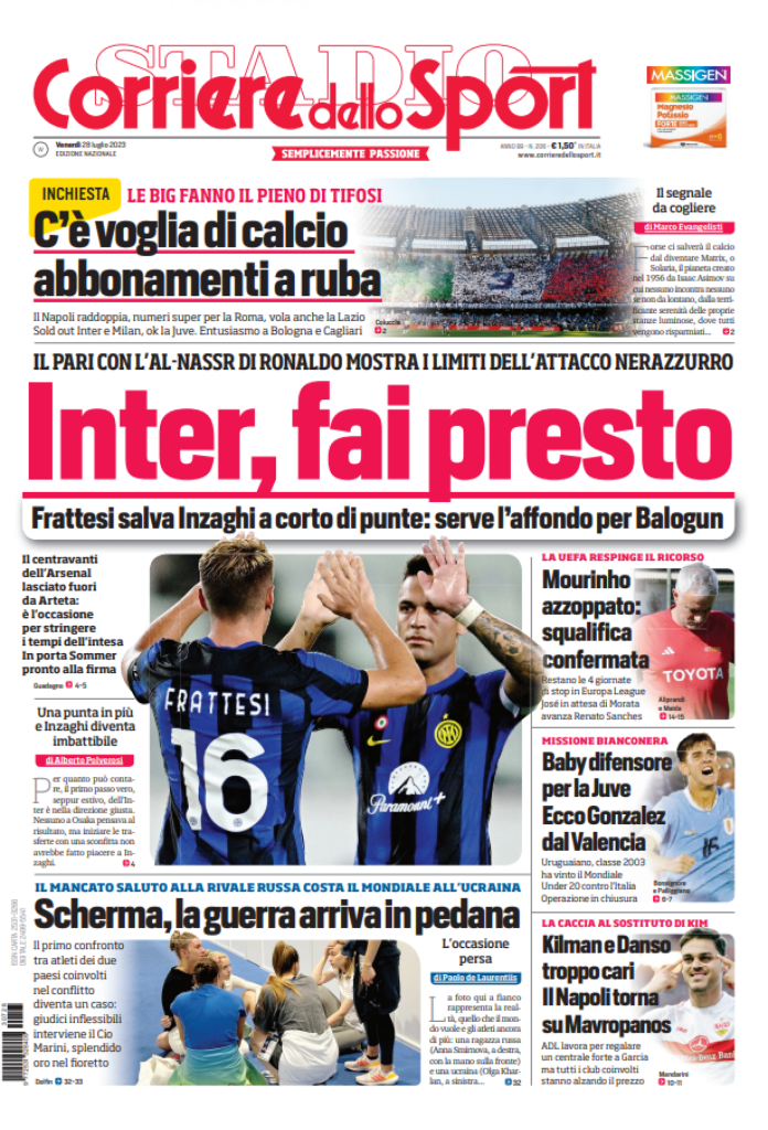 corriere dello sport prima pagina 28 luglio 2023