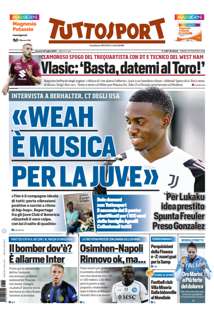 tuttosport prima pagina 28 luglio 2023